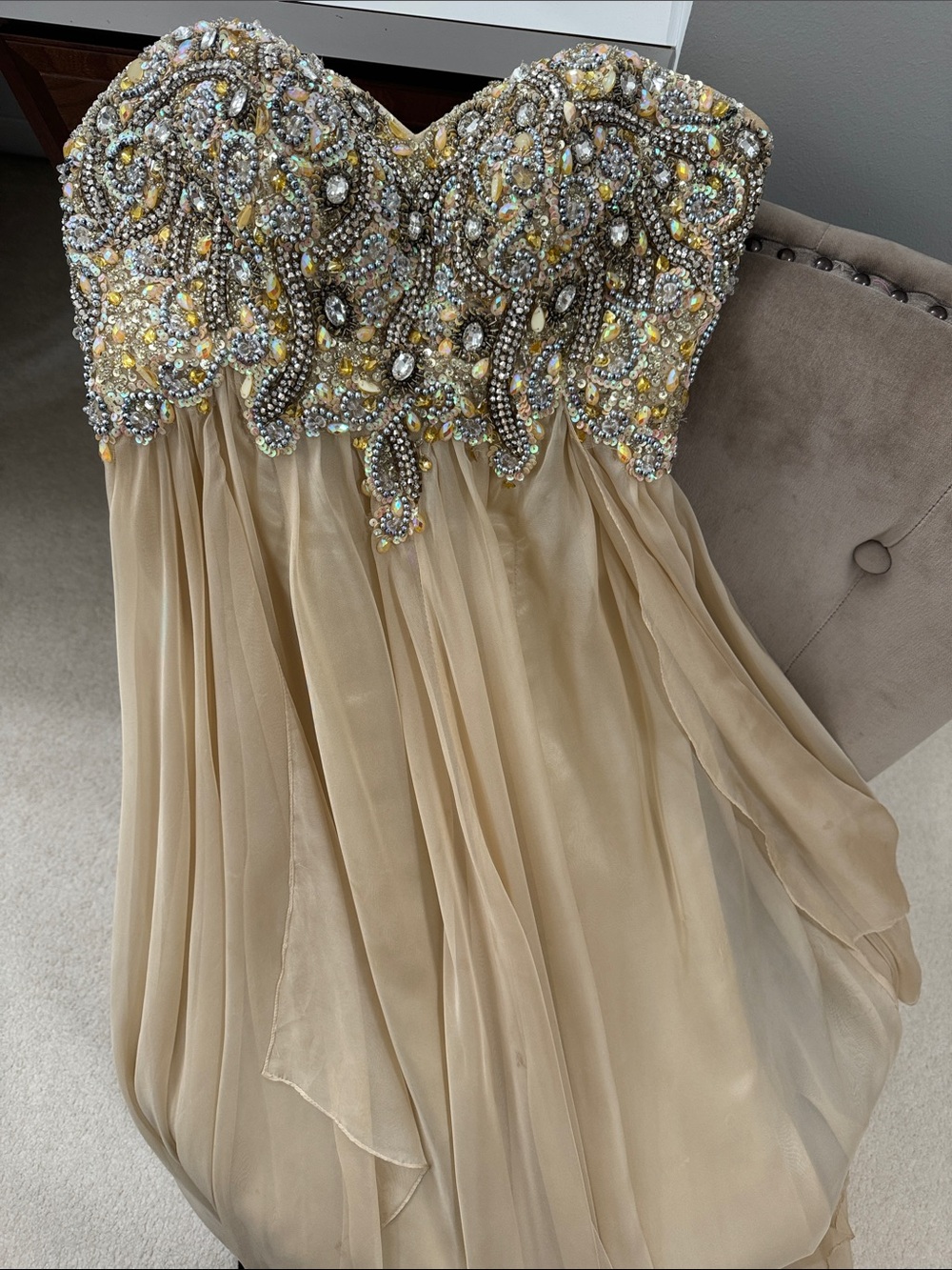Jovani Strapless Beaded Gold and Champagne Evening Dress - Picture 5 of 7